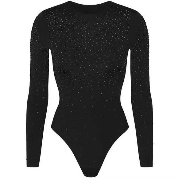 NWT SKIMS x SWAROVSKI JELLY SHEER LONG SLEEVE CREWNECK BODYSUIT IN ONYX SIZE XS - Picture 1 of 8